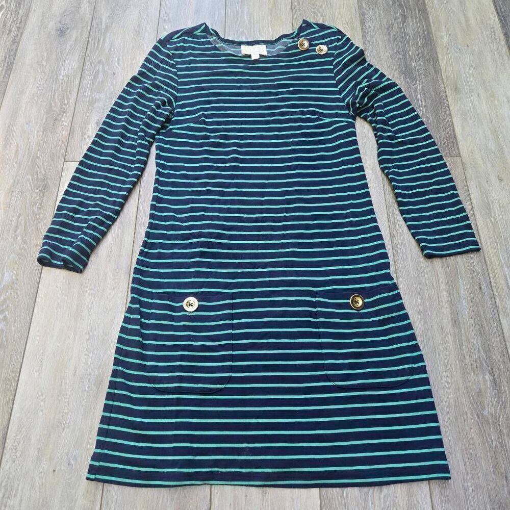 Sail To Sable striped green and navy blue midi dress gold toned buttons xs xsmal